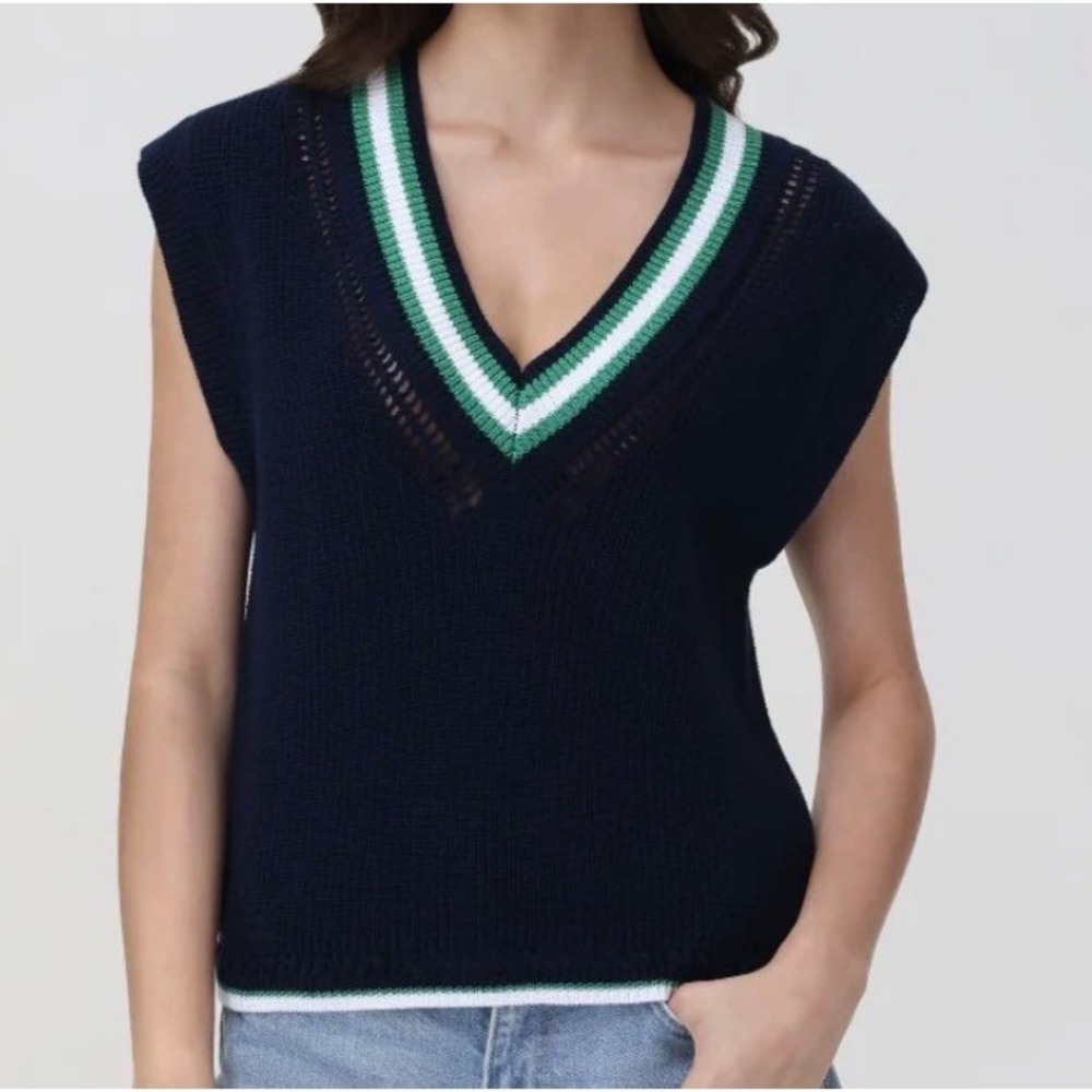 525 America Womens Navy Blue Cotton Varsity V-Neck Striped Sweater Vest Size M